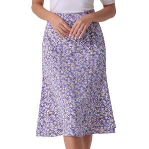 Floral Peasant Elastic Waist A-Line Leave Print Midi Skirt Purple